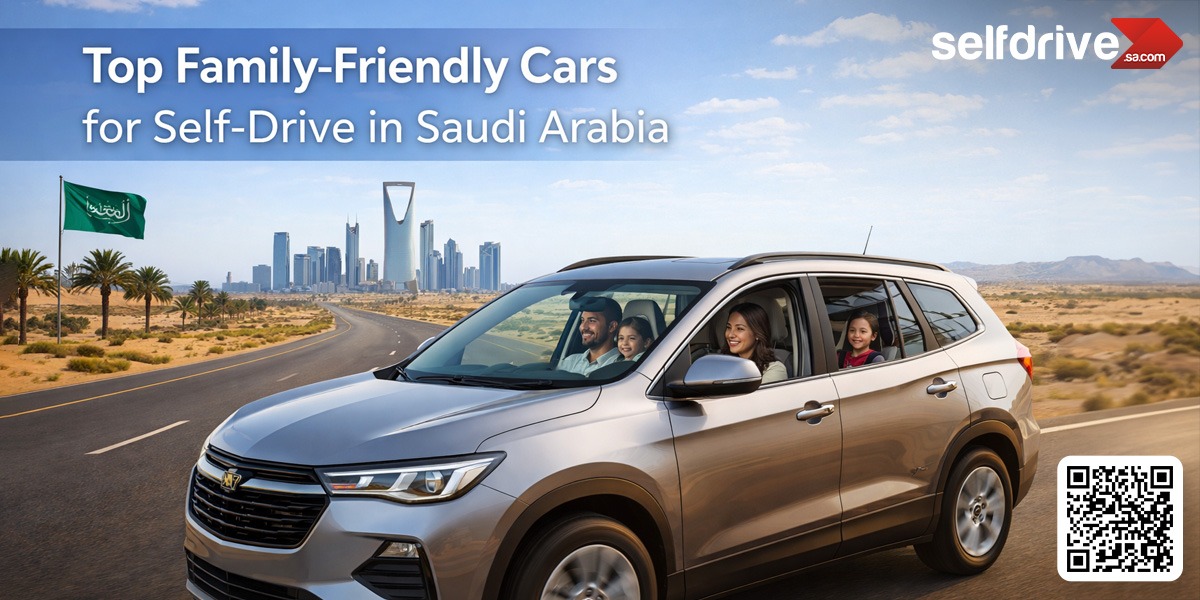 SUV with a smiling family driving on a desert highway in Saudi Arabia. Riyadh skyline and Saudi flag in the background. Text highlights family-friendly cars.
